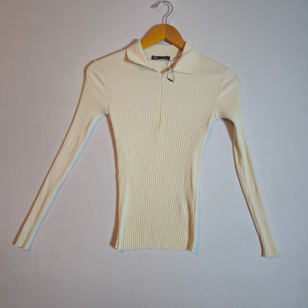 Zara Sweater Women's S Beige Ribbed Tight Knit Long Sleeve Quarter Zip Pullover